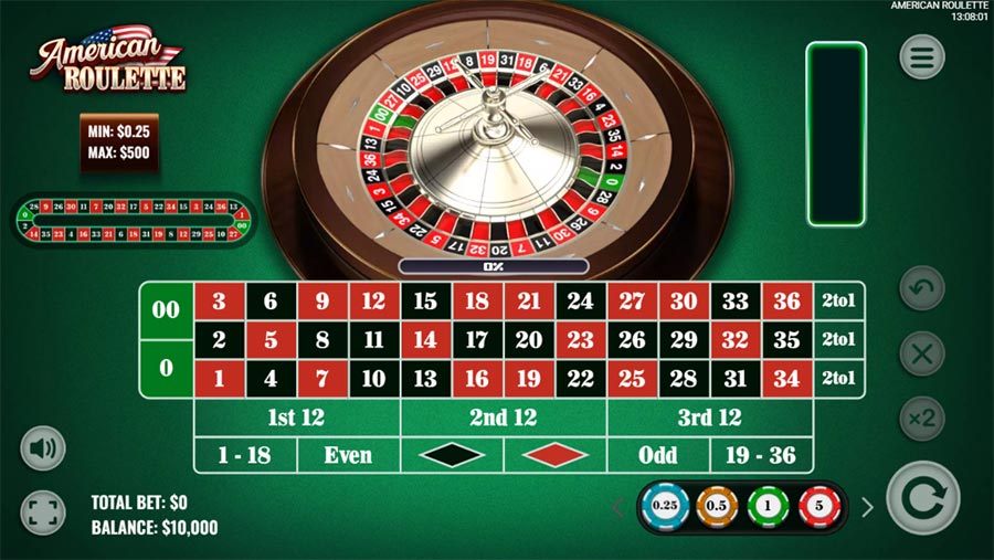 Players placing bets on an American Roulette table at 24betting, showcasing chips on various numbers