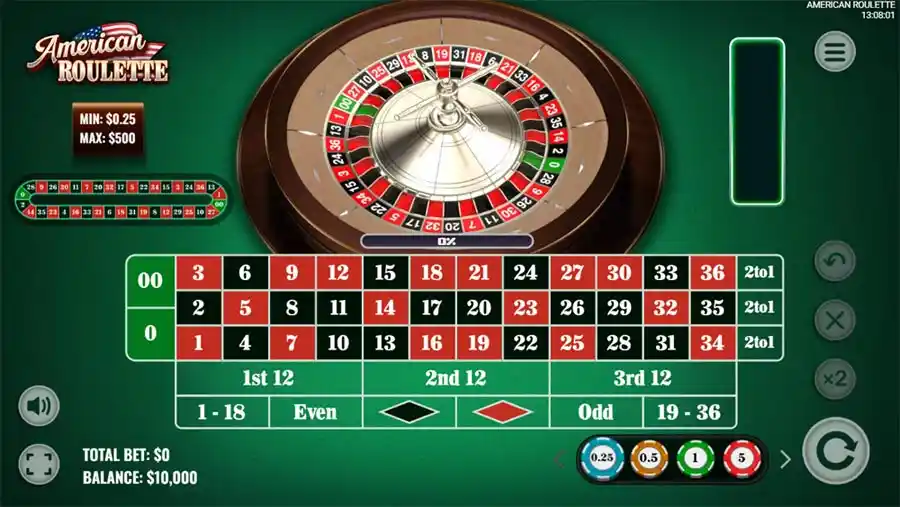 Players placing bets on an American Roulette table at 24betting, showcasing chips on various numbers