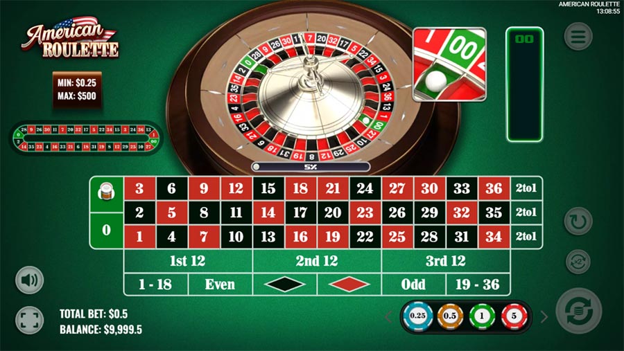 Digital display of an American Roulette table on 24betting casino, highlighting the betting options available