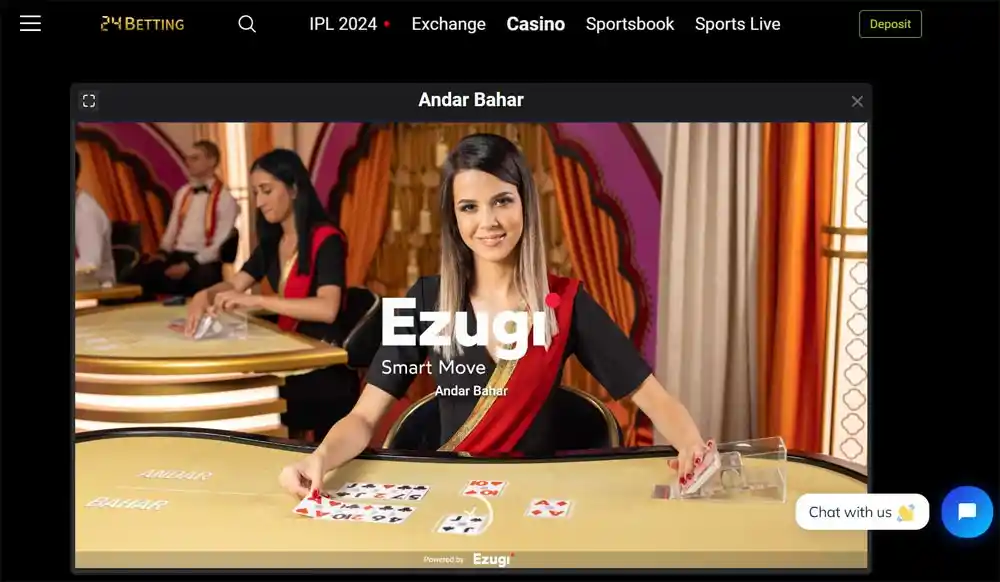 Andar Bahar live dealer dealing cards on a vibrant table at 24betting