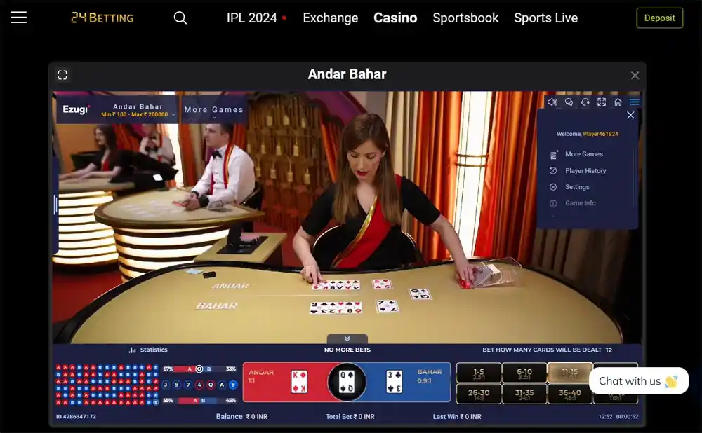 Detailed view of Andar and Bahar betting areas filled with chips at 24betting casino