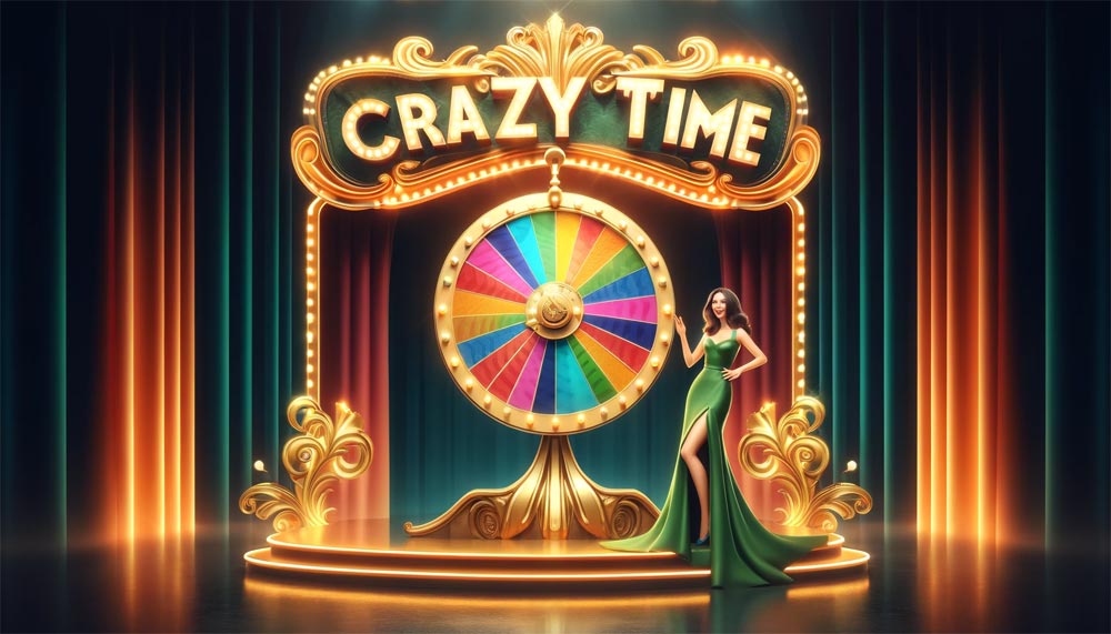 Colorful wheel spinning during a Crazy Time game session at 24betting, with various betting options visible