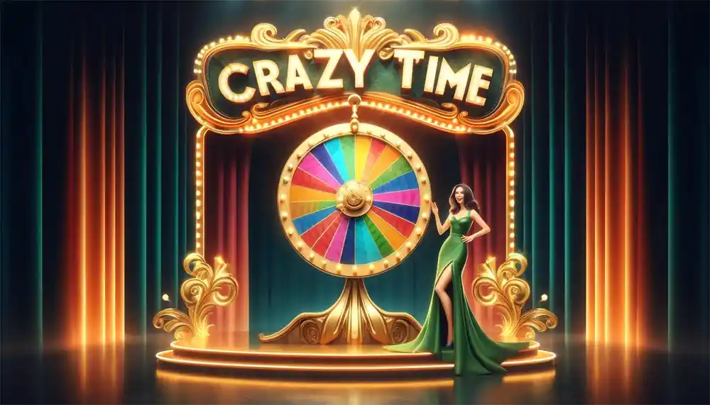 Colorful wheel spinning during a Crazy Time game session at 24betting, with various betting options visible