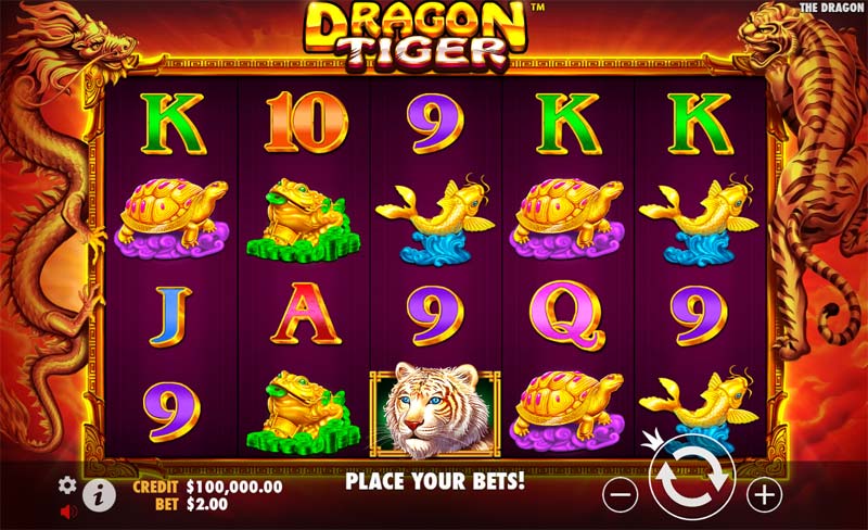 Slot machine reels displaying Dragon and Tiger symbols at 24betting casino