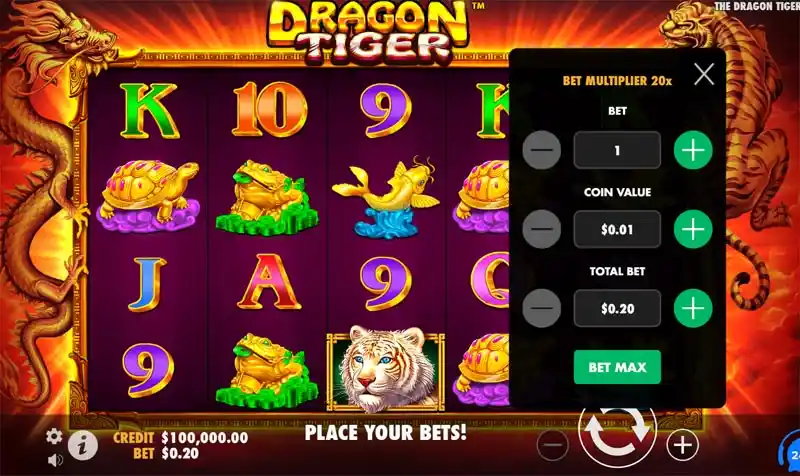 Overview of the colorful Dragon Tiger slot game screen filled with Eastern-themed graphics at 24betting