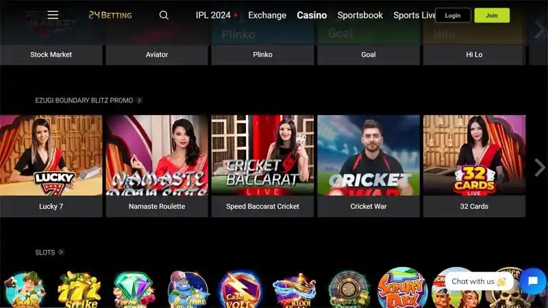 Interactive live casino lobby at 24betting showing multiple game options and player chat features