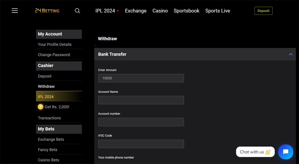 successful withdrawal notification on 24betting, with transaction details visible